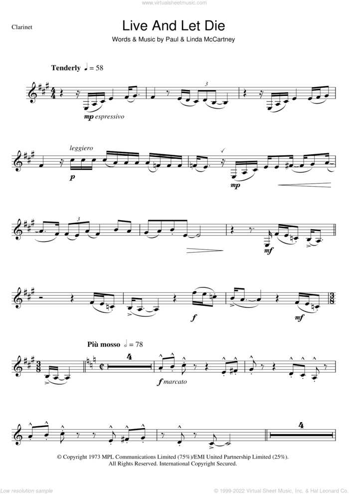 Live And Let Die sheet music for clarinet solo by Wings, Linda McCartney and Paul McCartney, intermediate skill level