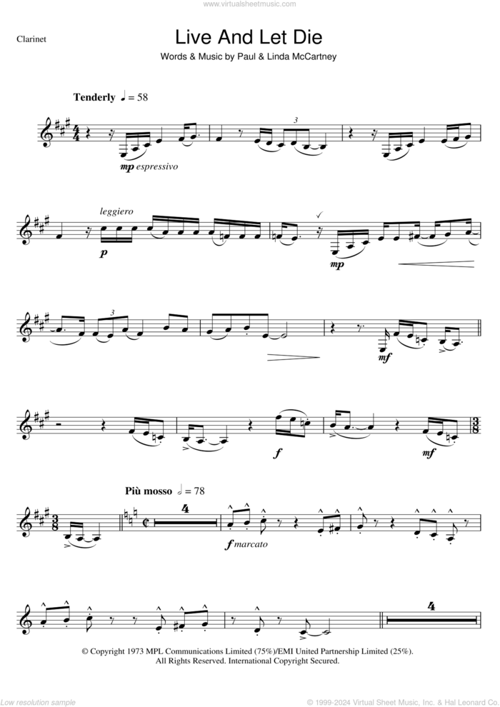 Live And Let Die sheet music for clarinet solo by Wings, Linda McCartney and Paul McCartney, intermediate skill level