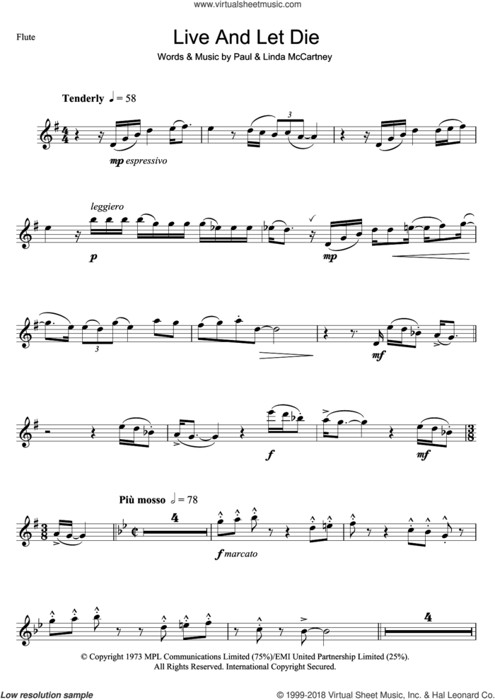 Live And Let Die sheet music for flute solo by Wings, Linda McCartney and Paul McCartney, intermediate skill level