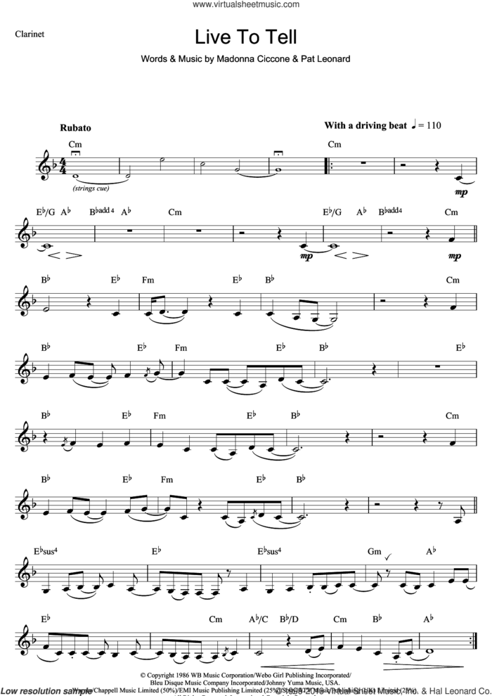 Live To Tell sheet music for clarinet solo by Madonna and Patrick Leonard, intermediate skill level