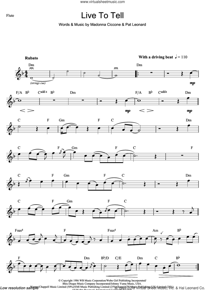 Live To Tell sheet music for flute solo by Madonna and Patrick Leonard, intermediate skill level