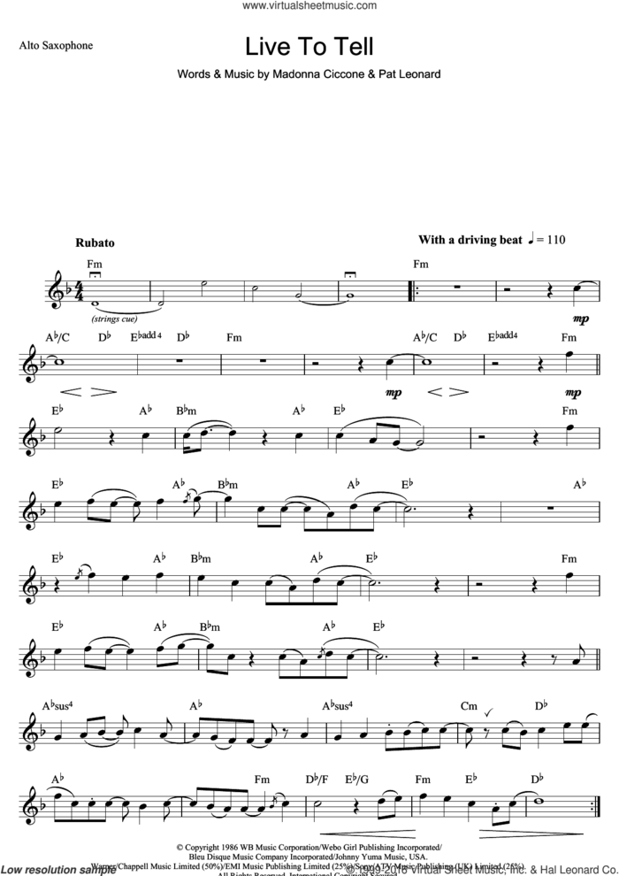 Live To Tell sheet music for saxophone solo by Madonna and Patrick Leonard, intermediate skill level