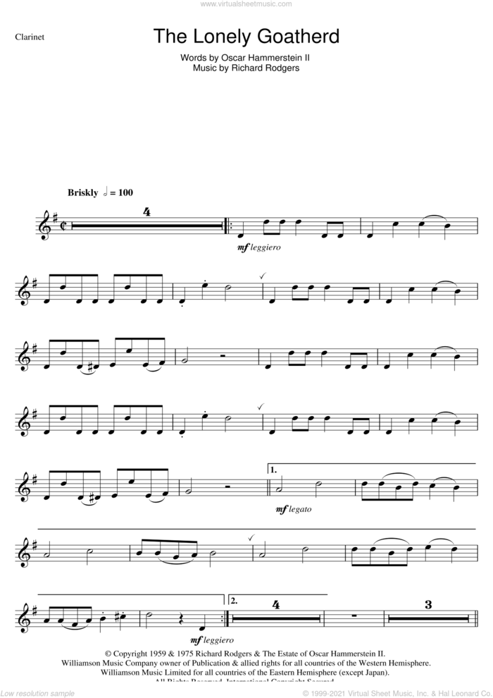 The Lonely Goatherd sheet music for clarinet solo by Rodgers & Hammerstein, Oscar II Hammerstein and Richard Rodgers, intermediate skill level