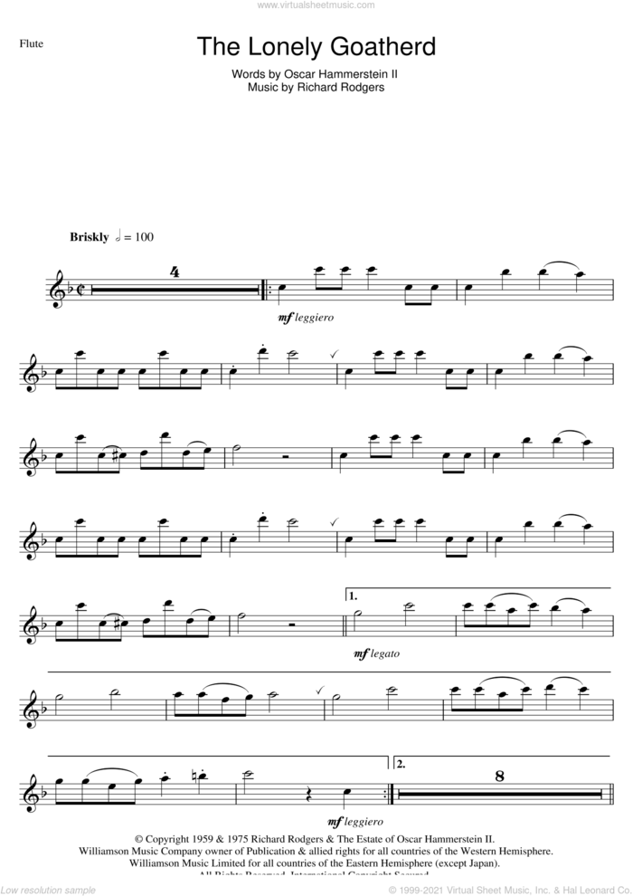 The Lonely Goatherd sheet music for flute solo by Rodgers & Hammerstein, Oscar II Hammerstein and Richard Rodgers, intermediate skill level