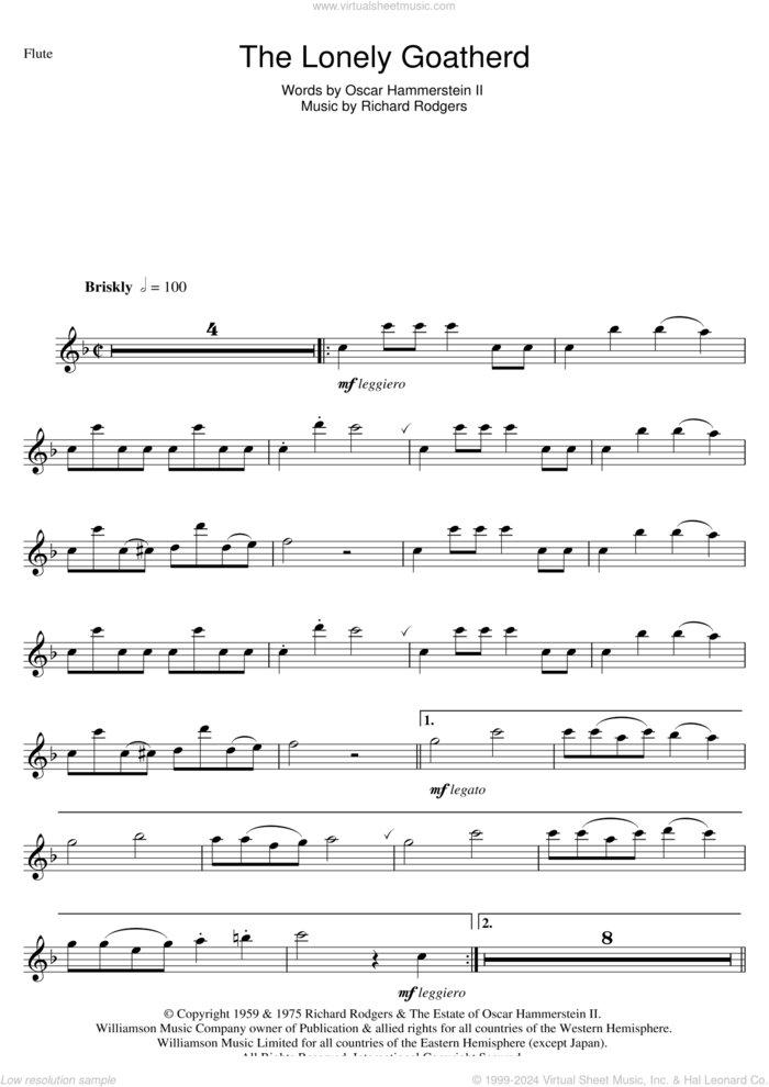 The Lonely Goatherd sheet music for flute solo by Rodgers & Hammerstein, Oscar II Hammerstein and Richard Rodgers, intermediate skill level