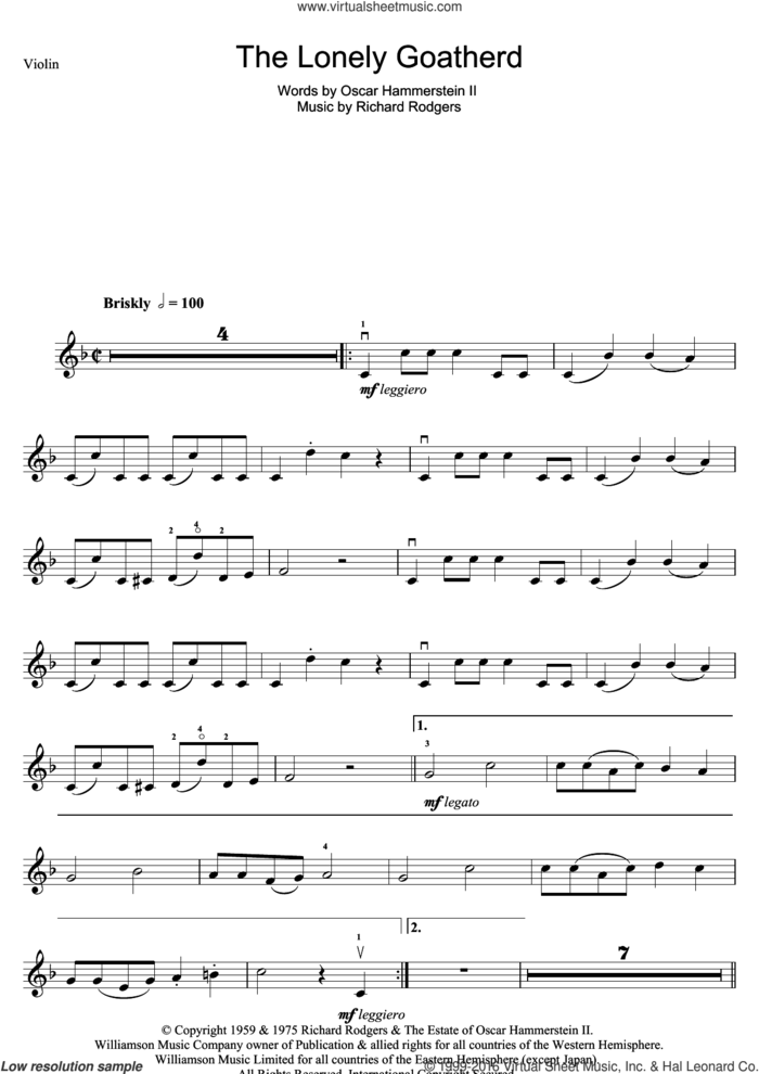 The Lonely Goatherd sheet music for violin solo by Rodgers & Hammerstein, Oscar II Hammerstein and Richard Rodgers, intermediate skill level