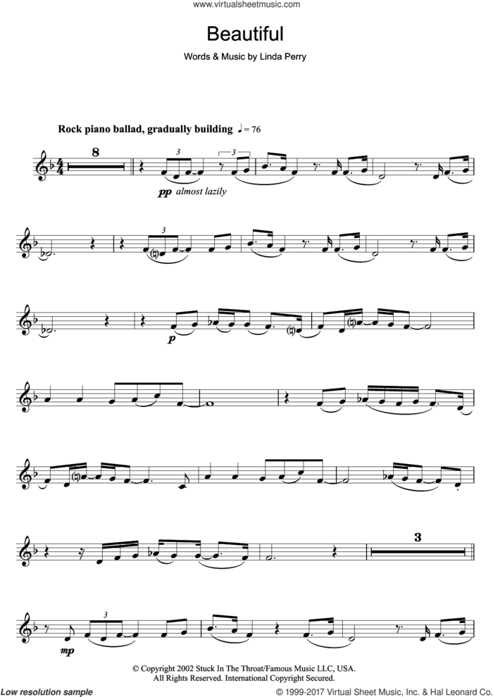 Beautiful sheet music for clarinet solo by Christina Aguilera and Linda Perry, intermediate skill level