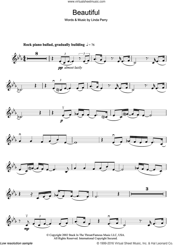 Beautiful sheet music for violin solo by Christina Aguilera and Linda Perry, intermediate skill level