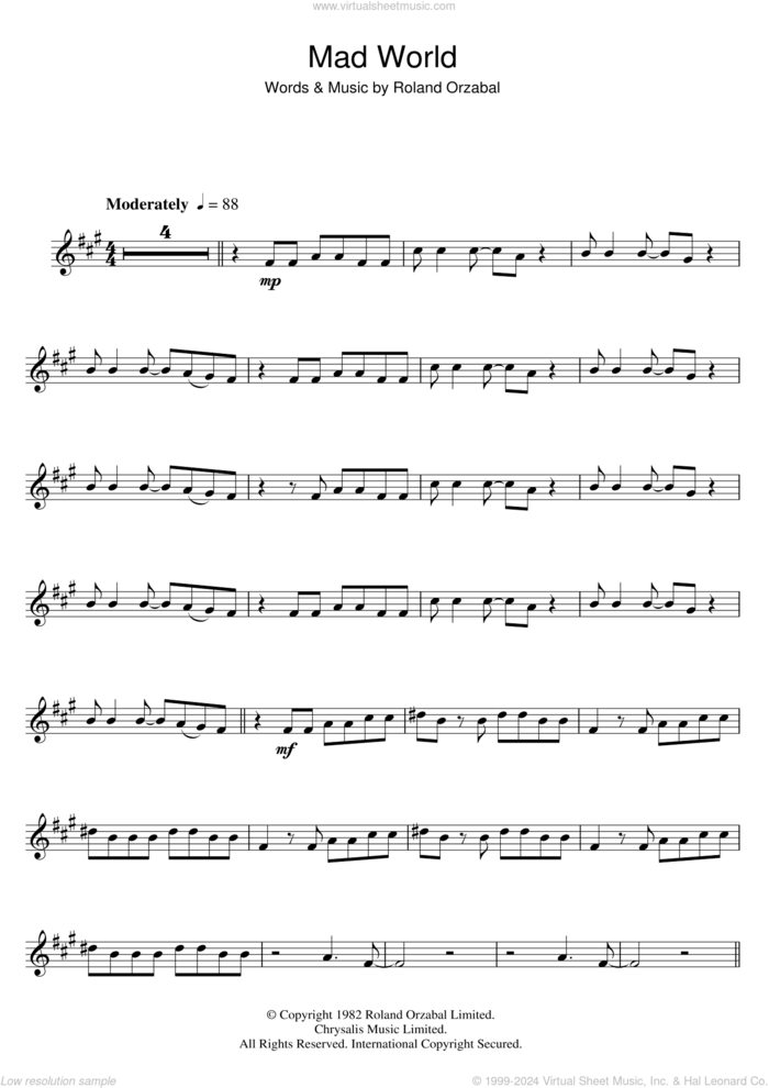 Mad World sheet music for clarinet solo by Tears For Fears and Roland Orzabal, intermediate skill level