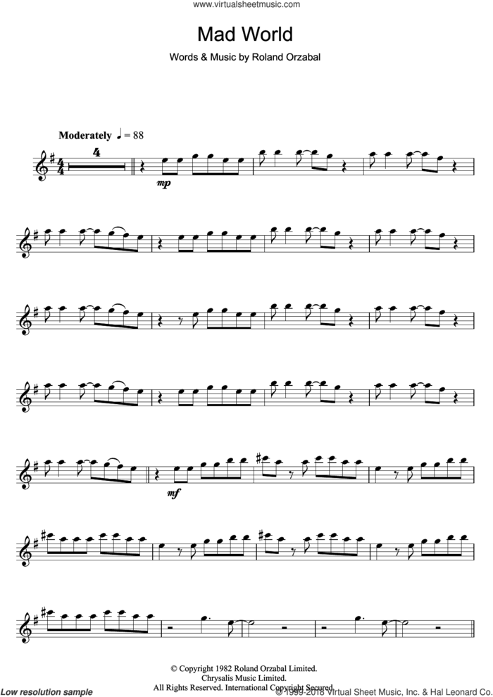 Mad World sheet music for flute solo by Tears For Fears and Roland Orzabal, intermediate skill level