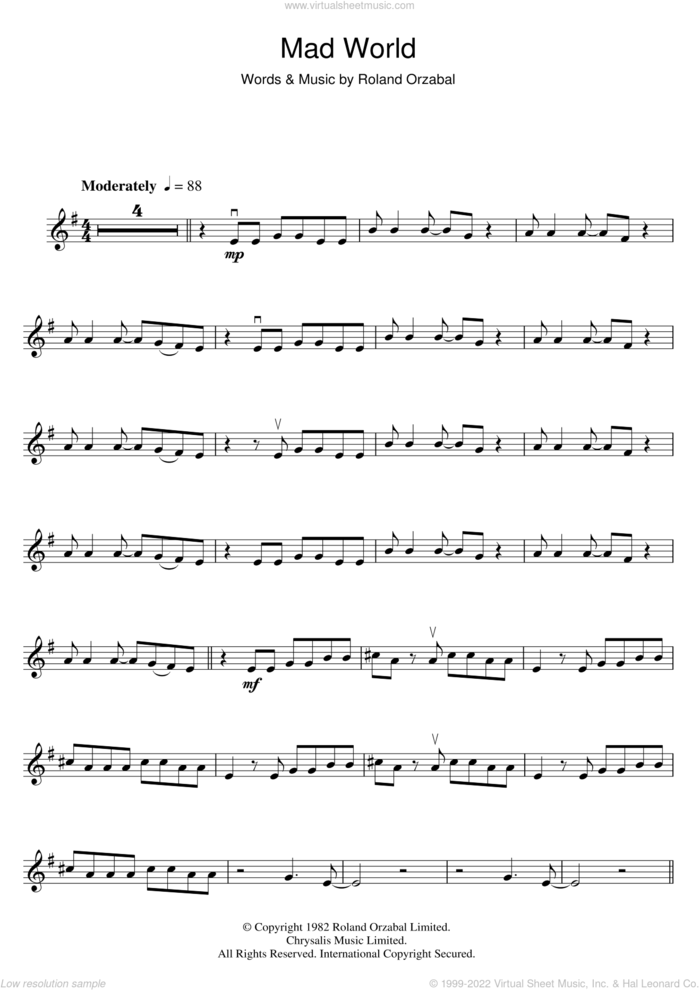 Mad World sheet music for violin solo by Tears For Fears and Roland Orzabal, intermediate skill level