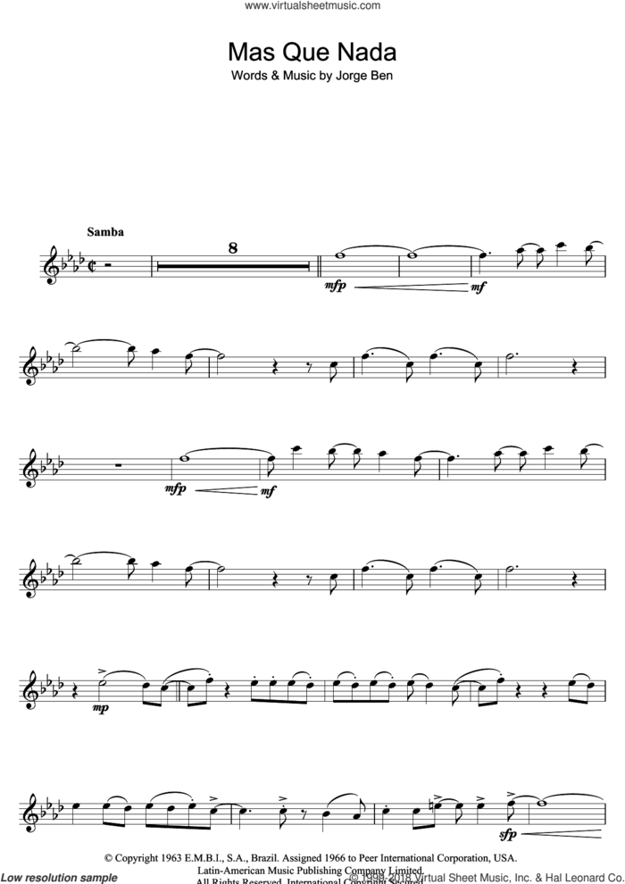 Mas Que Nada (Say No More) sheet music for flute solo by Sergio Mendes and Jorge Ben, intermediate skill level