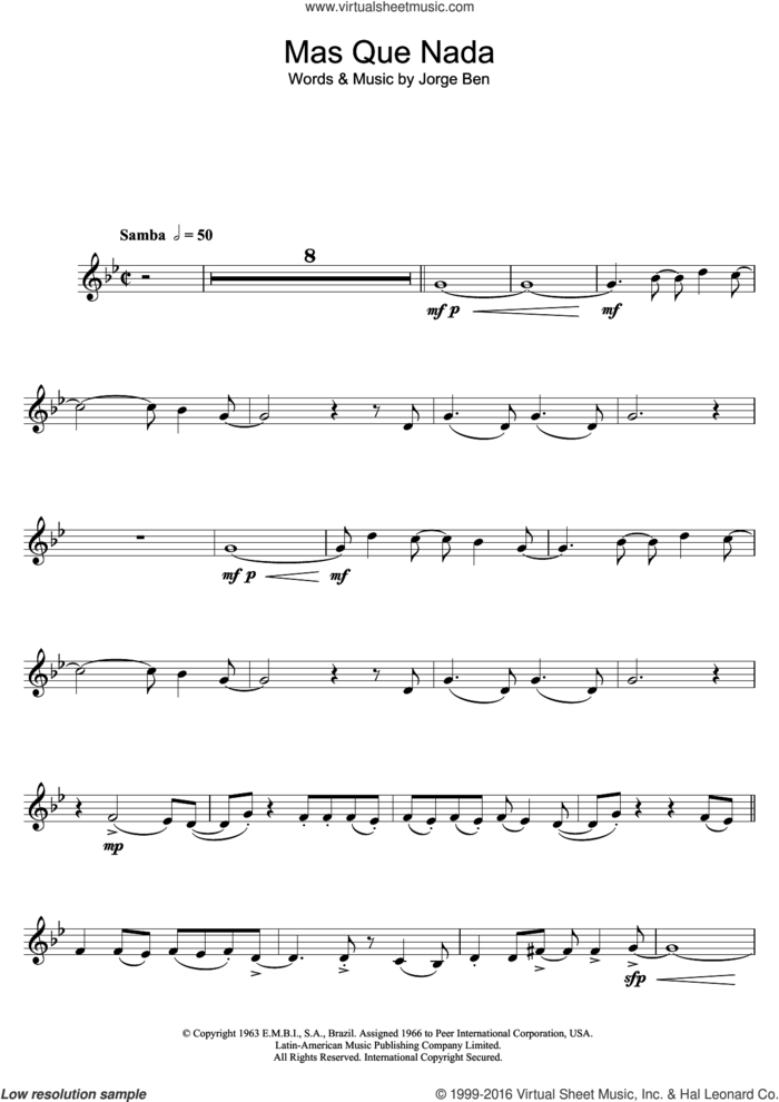 Mas Que Nada (Say No More) sheet music for trumpet solo by Sergio Mendes and Jorge Ben, intermediate skill level
