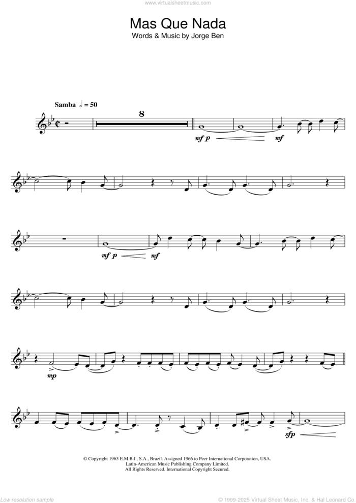 Mas Que Nada (Say No More) sheet music for trumpet solo by Sergio Mendes and Jorge Ben, intermediate skill level