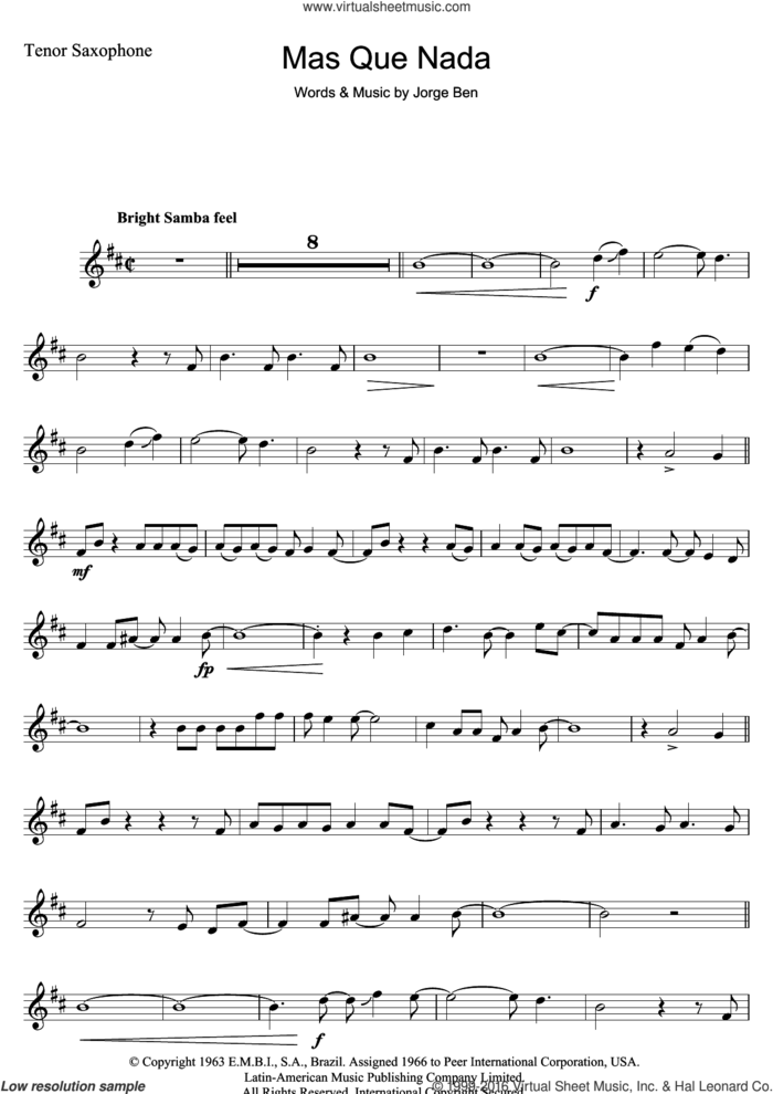 Mas Que Nada (Say No More) sheet music for tenor saxophone solo by Sergio Mendes and Jorge Ben, intermediate skill level