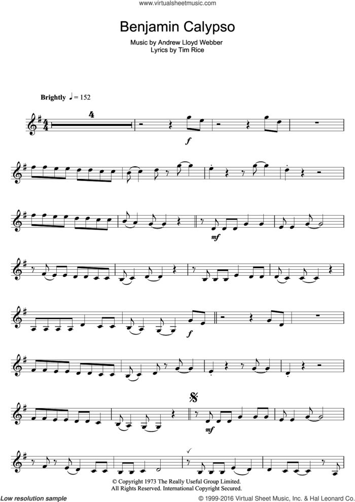Benjamin Calypso (from Joseph And The Amazing Technicolor Dreamcoat) sheet music for clarinet solo by Andrew Lloyd Webber and Tim Rice, intermediate skill level