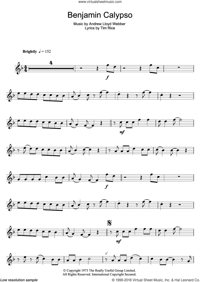 Benjamin Calypso (from Joseph And The Amazing Technicolor Dreamcoat) sheet music for flute solo by Andrew Lloyd Webber and Tim Rice, intermediate skill level