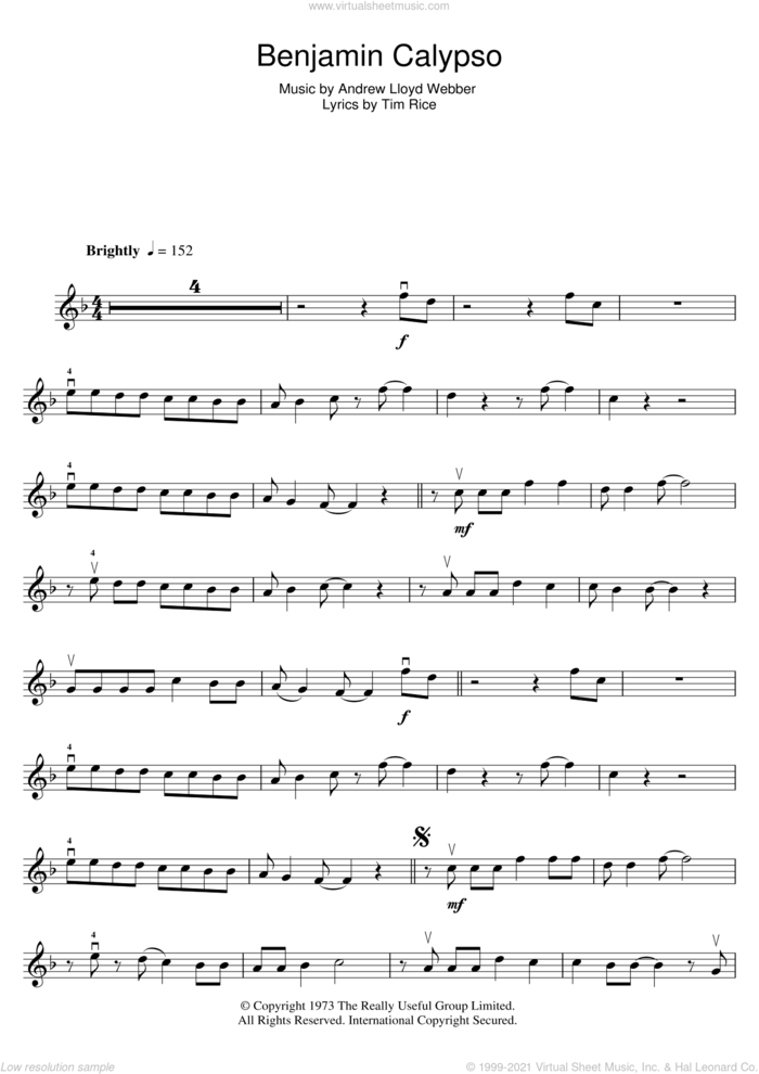 Benjamin Calypso (from Joseph And The Amazing Technicolor Dreamcoat) sheet music for violin solo by Andrew Lloyd Webber and Tim Rice, intermediate skill level