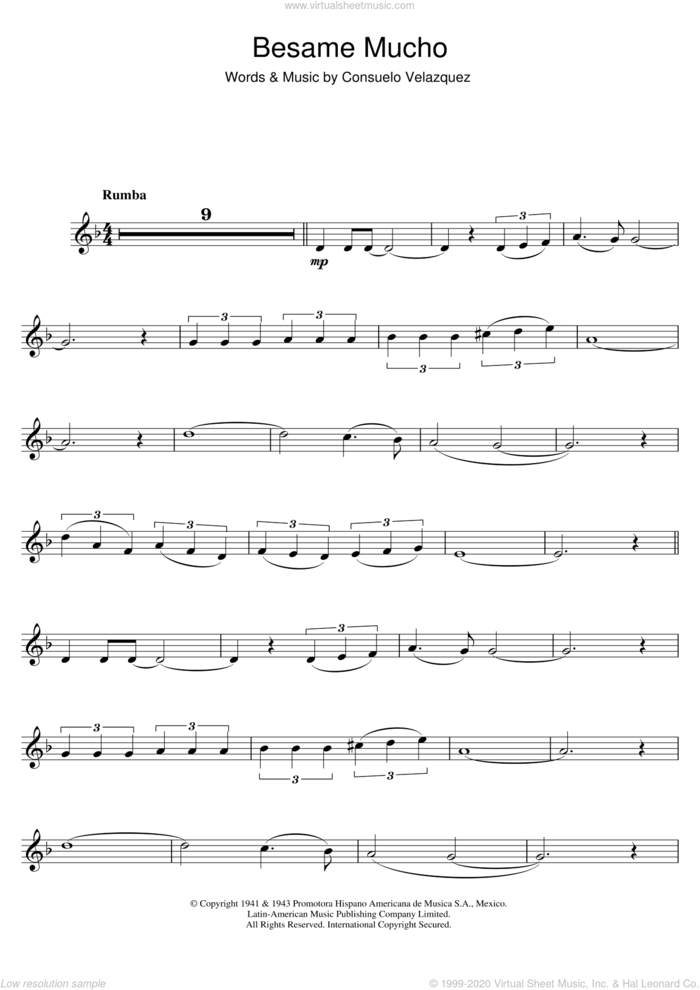 Besame Mucho (Kiss Me Much) sheet music for clarinet solo by Consuelo Velazquez and Diana Krall, intermediate skill level