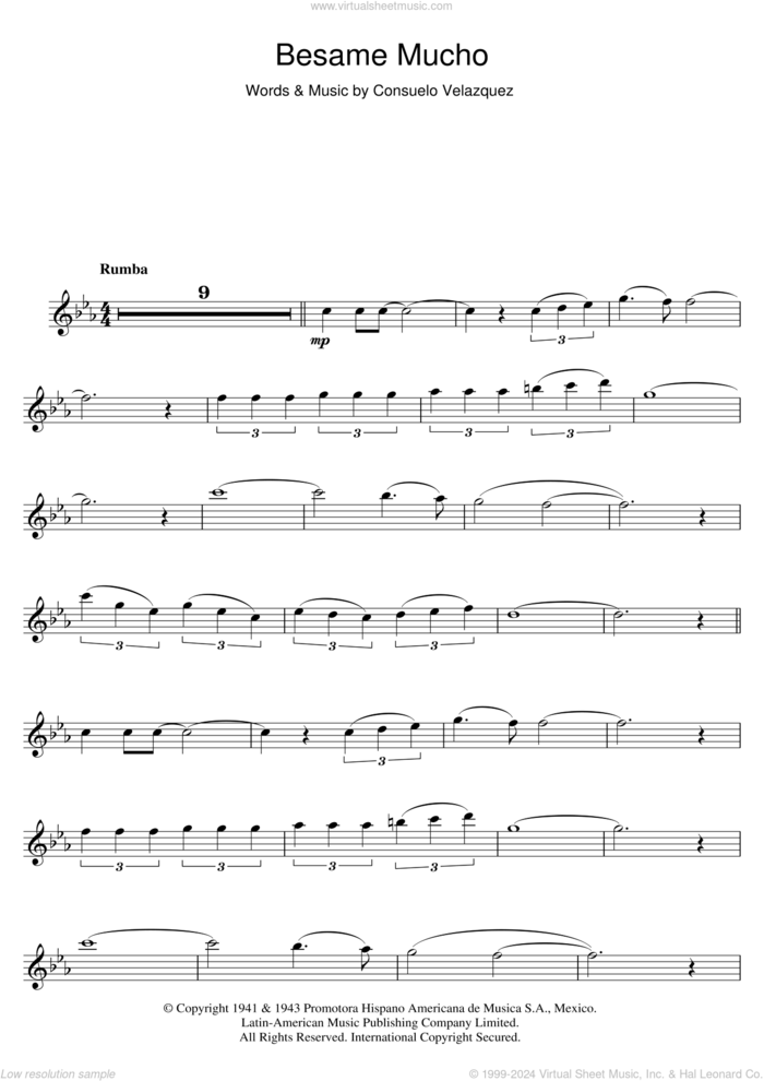 Besame Mucho (Kiss Me Much) sheet music for flute solo by Consuelo Velazquez and Diana Krall, intermediate skill level