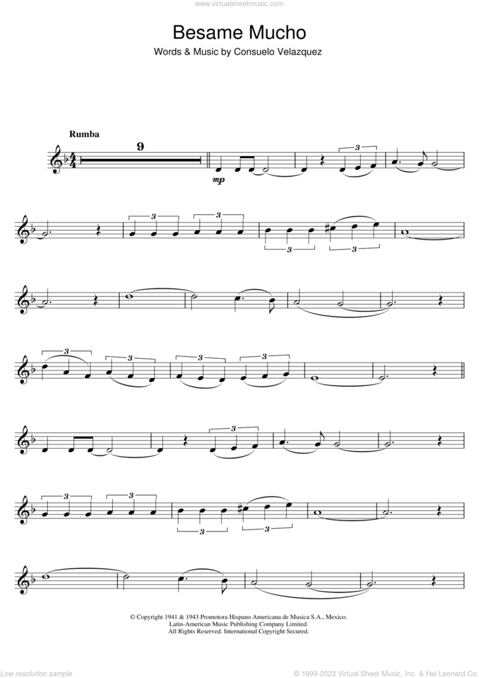 Besame Mucho (Kiss Me Much) sheet music for trumpet solo by Consuelo Velazquez and Diana Krall, intermediate skill level