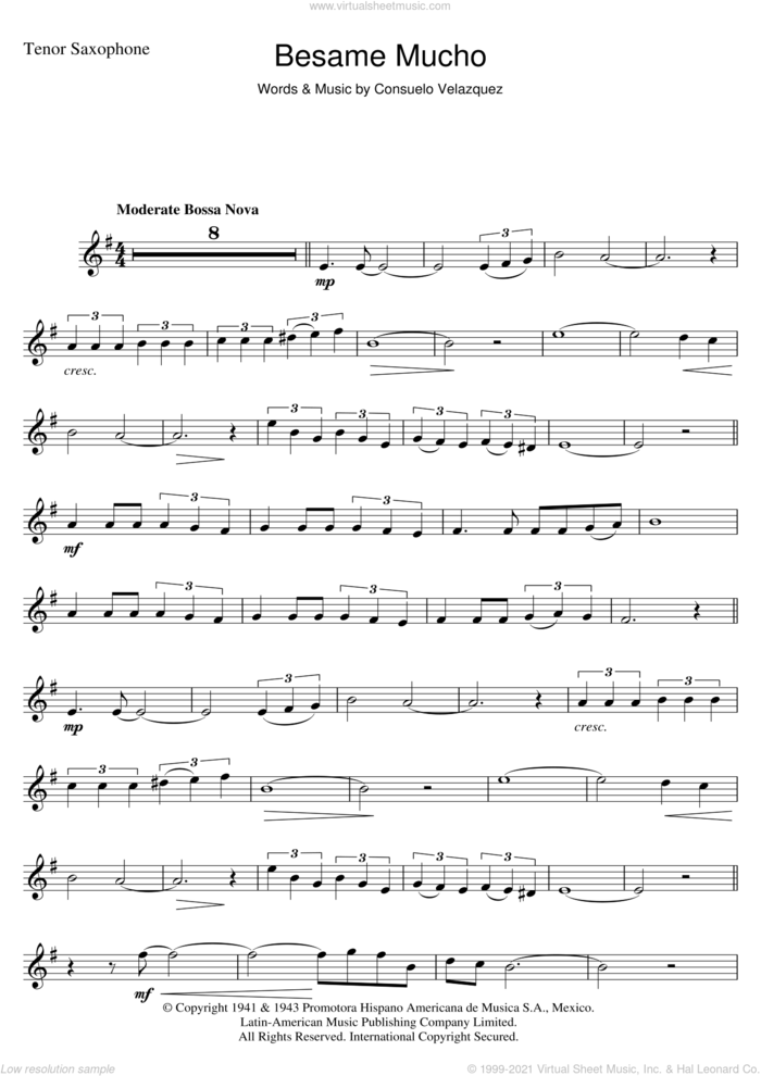 Besame Mucho (Kiss Me Much) sheet music for tenor saxophone solo by Consuelo Velazquez and Diana Krall, intermediate skill level