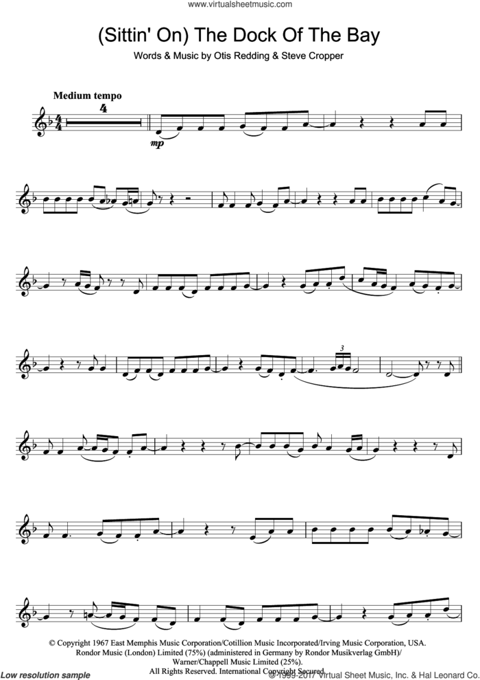 (Sittin' On) The Dock Of The Bay sheet music for clarinet solo by Otis Redding and Steve Cropper, intermediate skill level