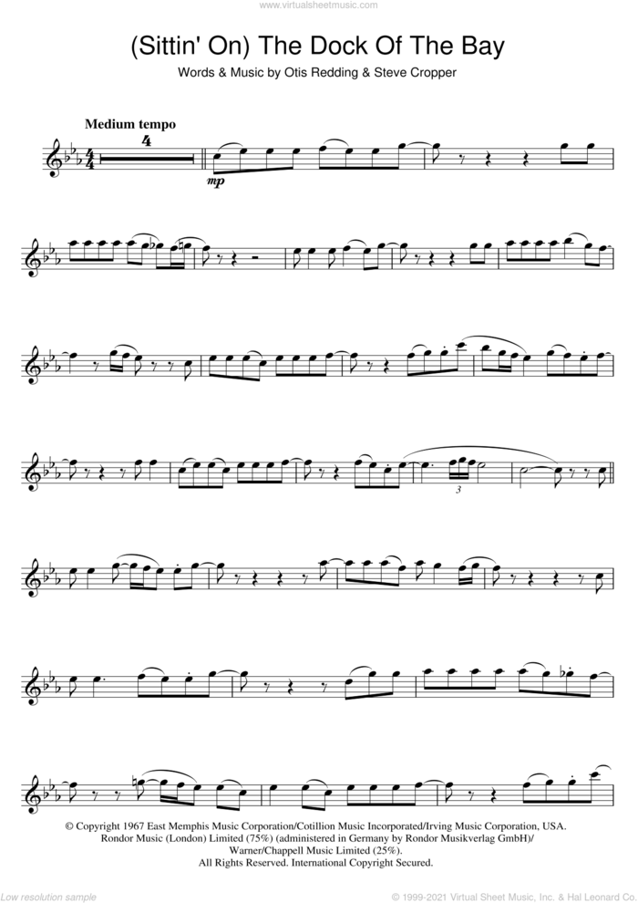 (Sittin' On) The Dock Of The Bay sheet music for flute solo by Otis Redding and Steve Cropper, intermediate skill level