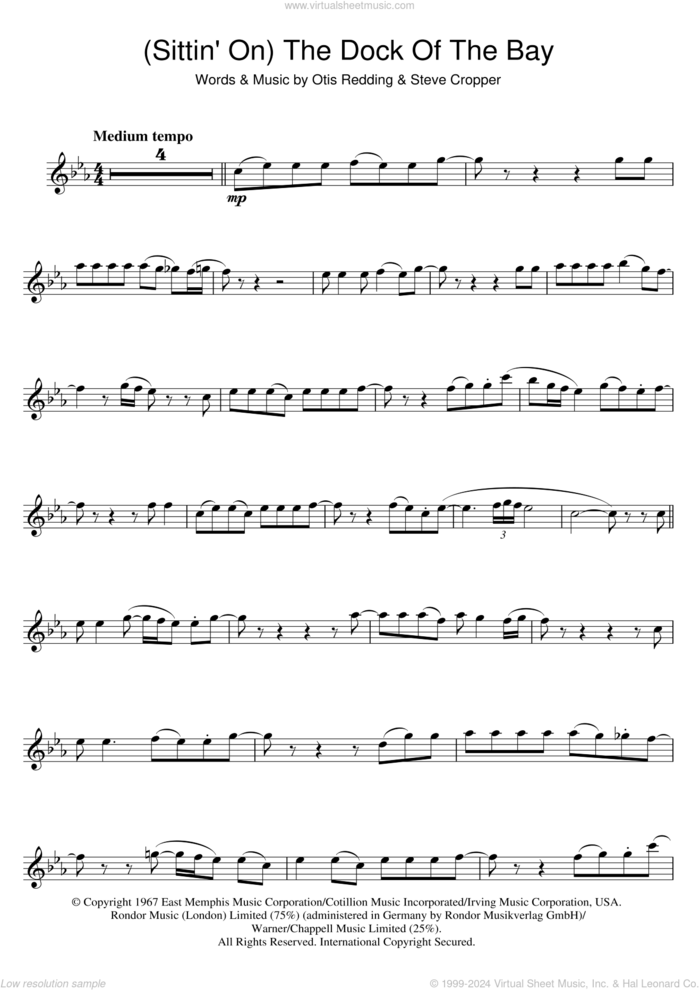 (Sittin' On) The Dock Of The Bay sheet music for flute solo by Otis Redding and Steve Cropper, intermediate skill level