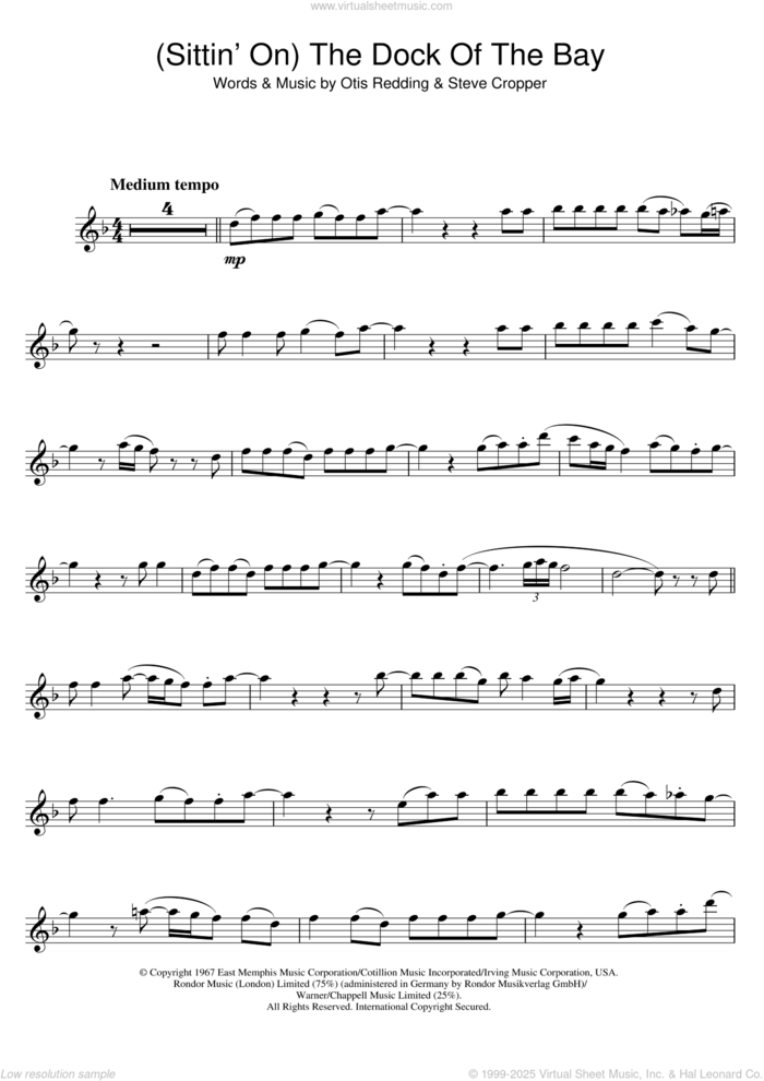 (Sittin' On) The Dock Of The Bay sheet music for tenor saxophone solo by Otis Redding and Steve Cropper, intermediate skill level