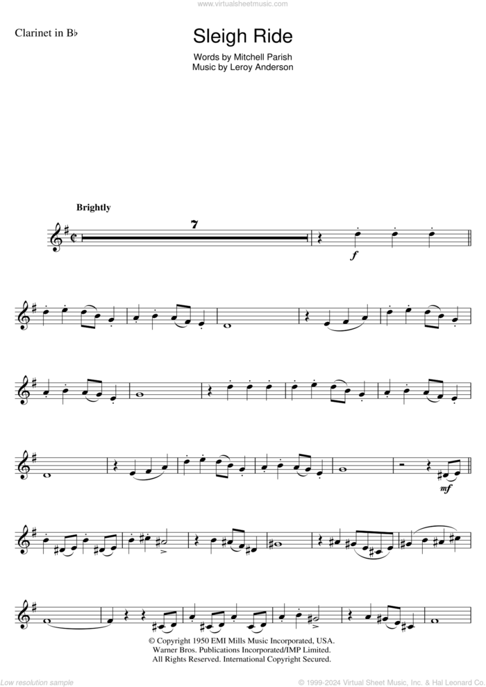 Sleigh Ride sheet music for clarinet solo by Leroy Anderson and Mitchell Parish, intermediate skill level