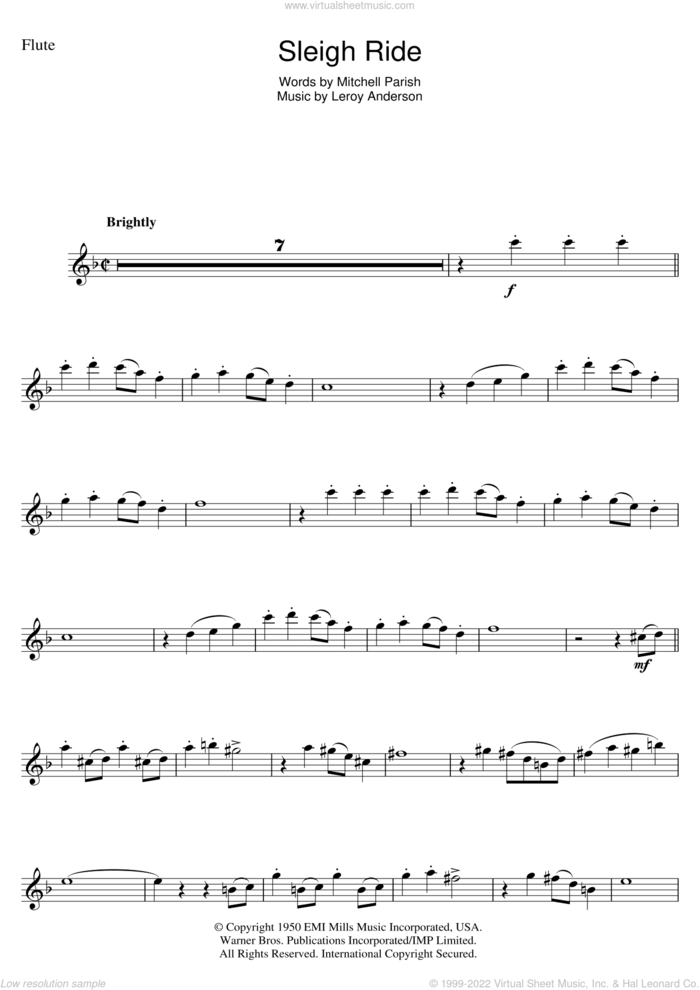 Sleigh Ride sheet music for flute solo by Leroy Anderson and Mitchell Parish, intermediate skill level