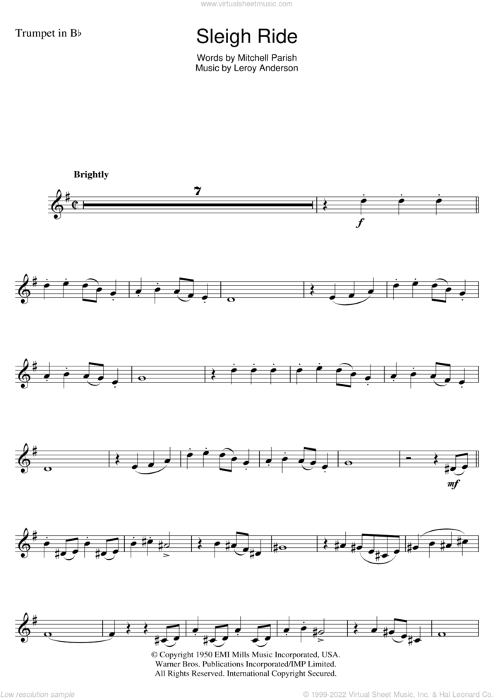 Sleigh Ride sheet music for trumpet solo by Leroy Anderson and Mitchell Parish, intermediate skill level