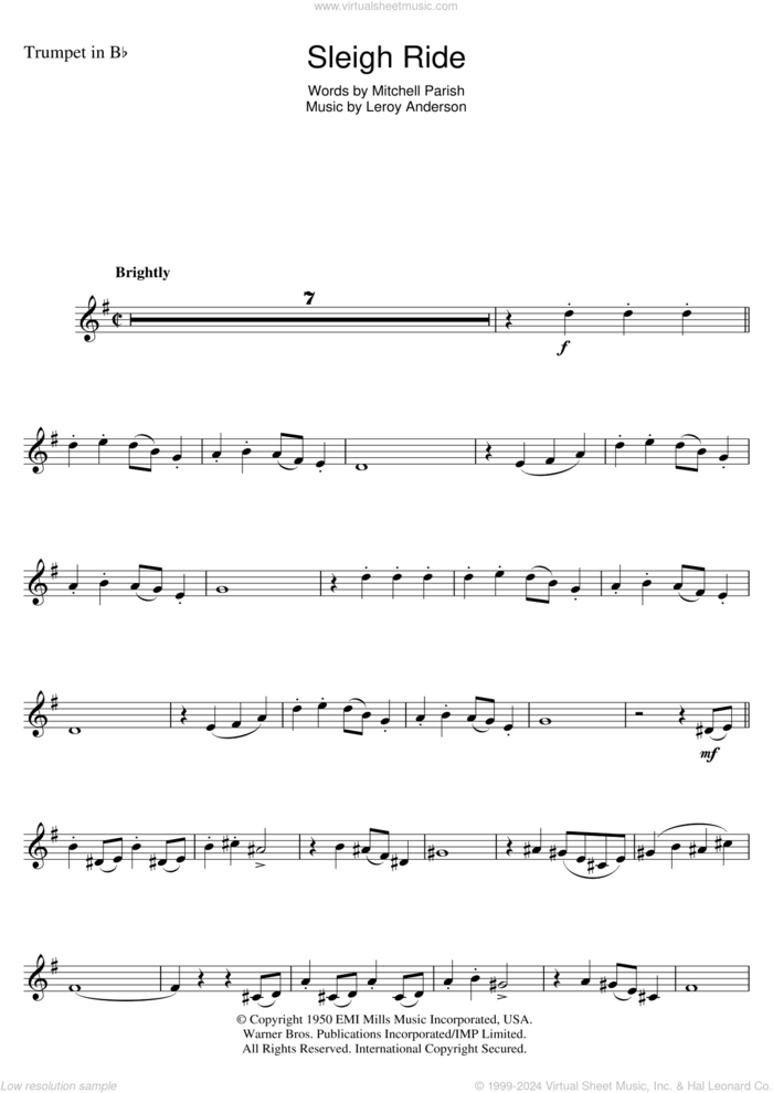 Sleigh Ride sheet music for trumpet solo by Leroy Anderson and Mitchell Parish, intermediate skill level