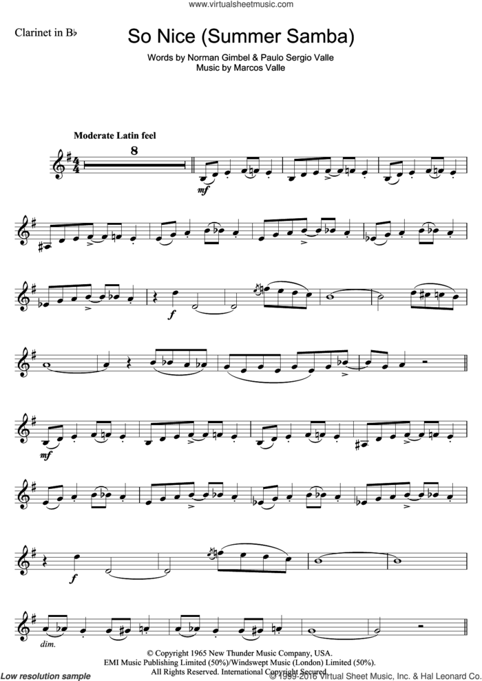 So Nice (Summer Samba) sheet music for clarinet solo by Bebel Gilberto, Astrud Gilberto, Marcos Valle, Norman Gimbel and Paulo Sergio Valle, intermediate skill level