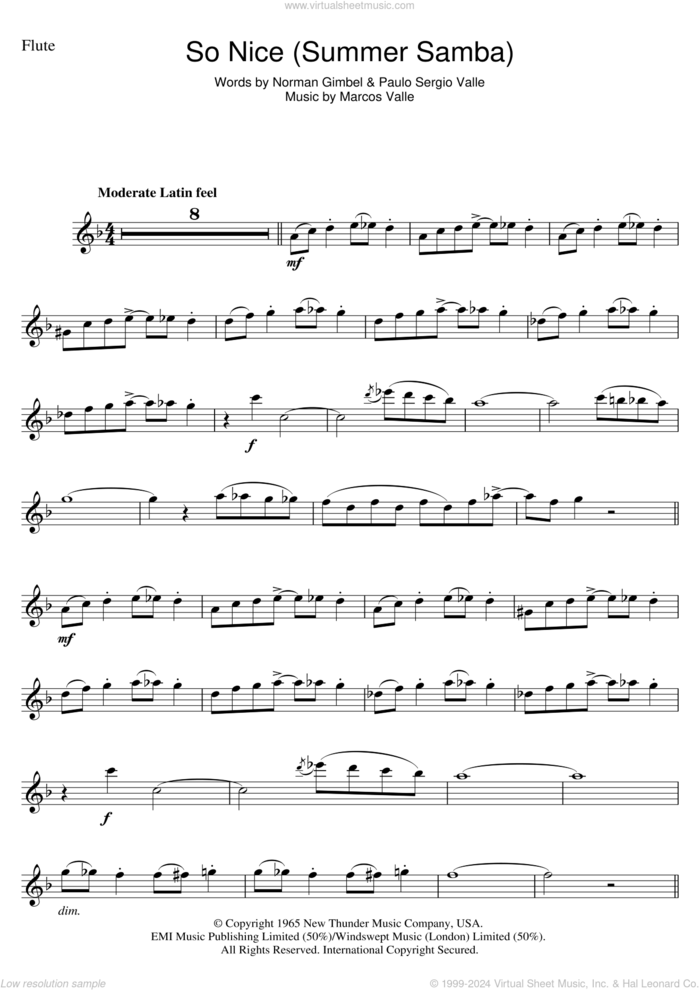 So Nice (Summer Samba) sheet music for flute solo by Norman Gimbel, Astrud Gilberto, Bebel Gilberto, Marcos Valle and Paulo Sergio Valle, intermediate skill level