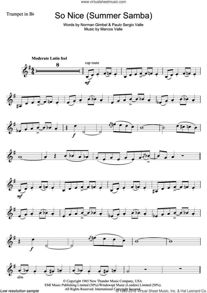 So Nice (Summer Samba) sheet music for trumpet solo by Bebel Gilberto, Astrud Gilberto, Marcos Valle, Norman Gimbel and Paulo Sergio Valle, intermediate skill level