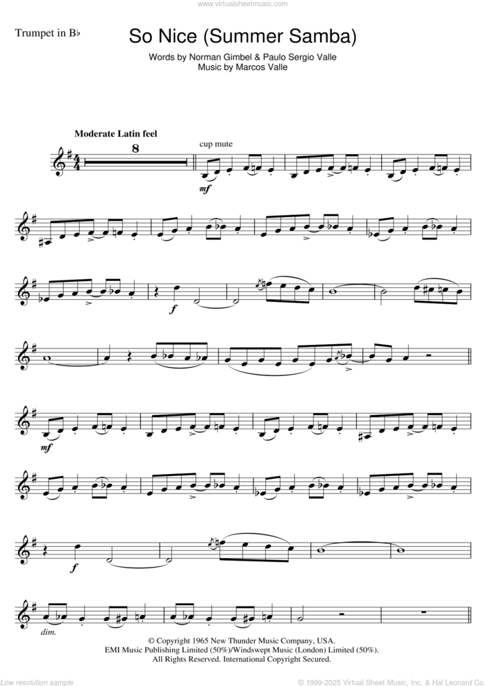 So Nice (Summer Samba) sheet music for trumpet solo by Bebel Gilberto, Astrud Gilberto, Marcos Valle, Norman Gimbel and Paulo Sergio Valle, intermediate skill level