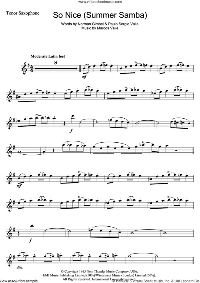 So Nice (Summer Samba) sheet music for tenor saxophone solo by Astrud Gilberto, Bebel Gilberto, Marcos Valle, Norman Gimbel and Paulo Sergio Valle, intermediate skill level