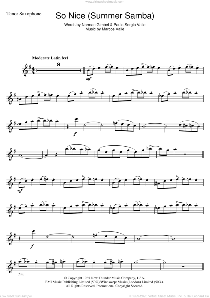 So Nice (Summer Samba) sheet music for tenor saxophone solo by Astrud Gilberto, Bebel Gilberto, Marcos Valle, Norman Gimbel and Paulo Sergio Valle, intermediate skill level