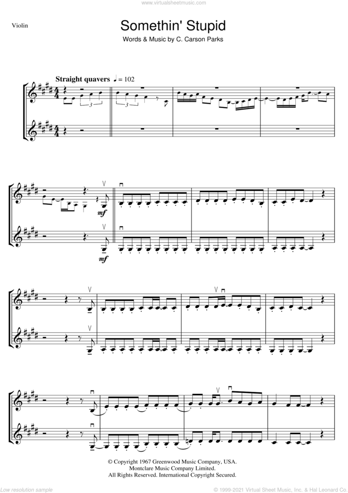 Somethin' Stupid sheet music for violin solo by Frank Sinatra and C. Carson Parks, intermediate skill level