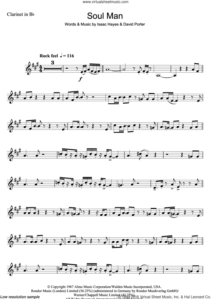 Soul Man sheet music for clarinet solo by Sam & Dave, David Porter and Isaac Hayes, intermediate skill level