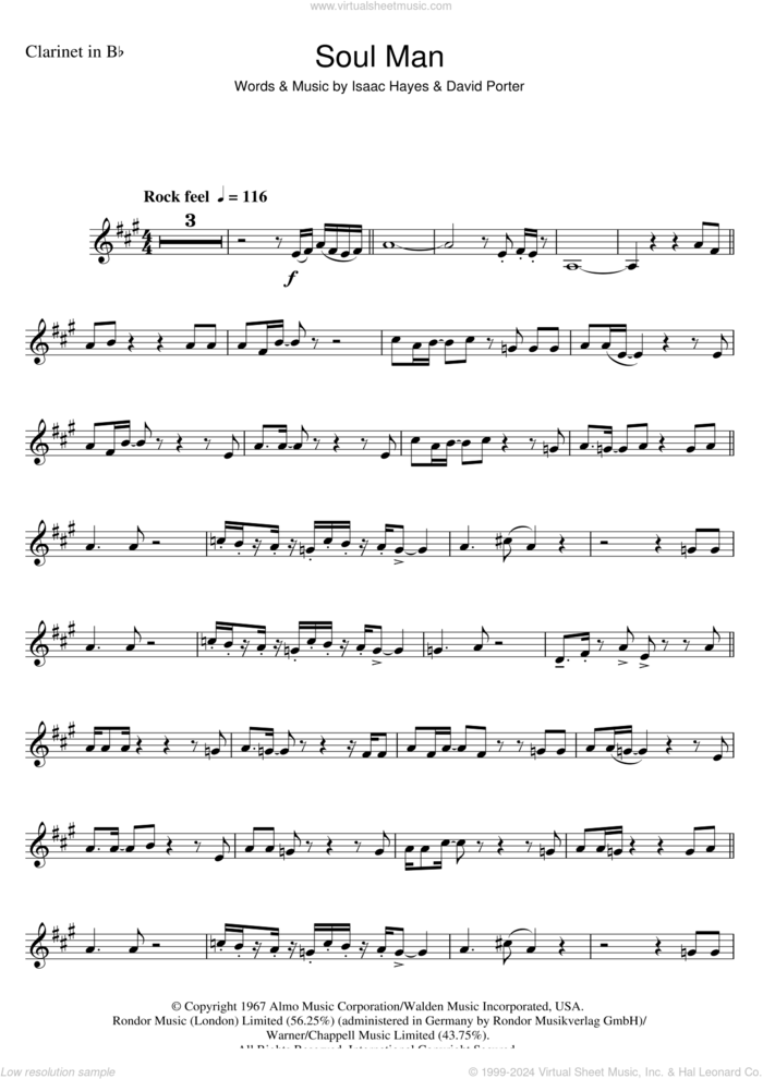 Soul Man sheet music for clarinet solo by Sam & Dave, David Porter and Isaac Hayes, intermediate skill level