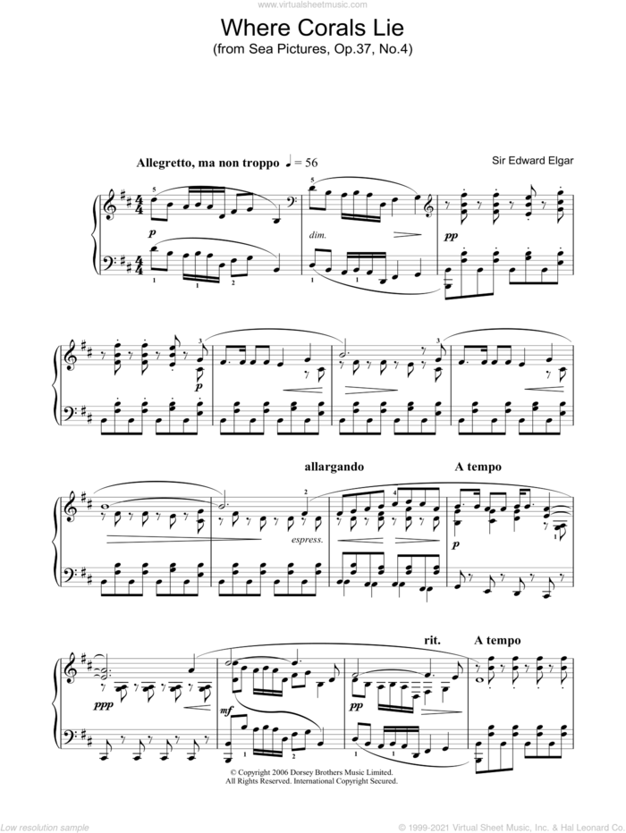 Where Corals Lie (from Sea Pictures, Op.37, No.4) sheet music for piano solo by Edward Elgar, classical score, intermediate skill level