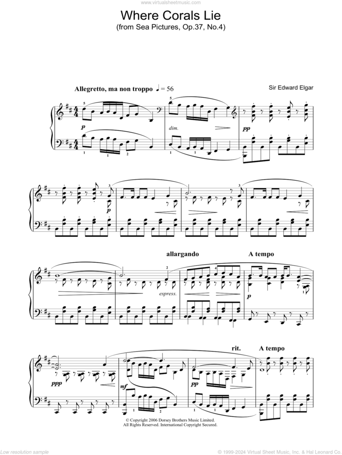 Where Corals Lie (from Sea Pictures, Op.37, No.4) sheet music for piano solo by Edward Elgar, classical score, intermediate skill level