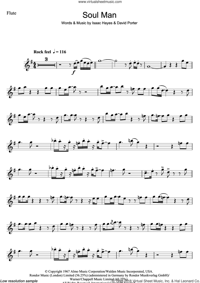Soul Man sheet music for flute solo by Sam & Dave, David Porter and Isaac Hayes, intermediate skill level