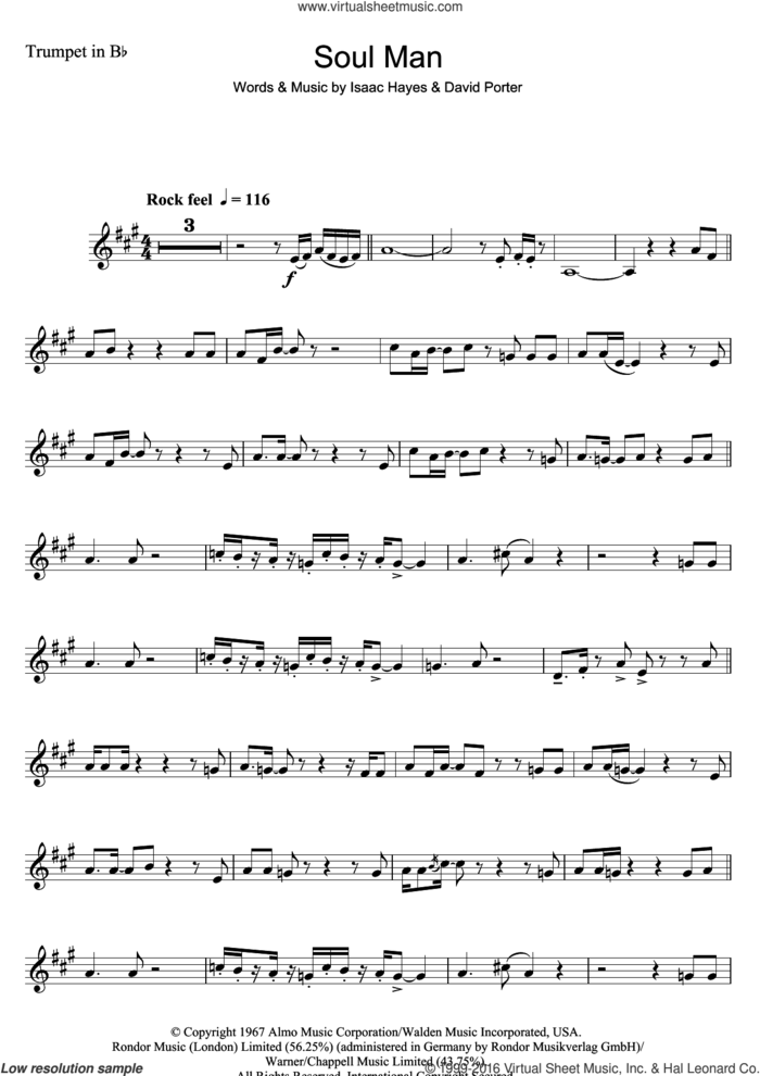 Soul Man sheet music for trumpet solo by Sam & Dave, David Porter and Isaac Hayes, intermediate skill level