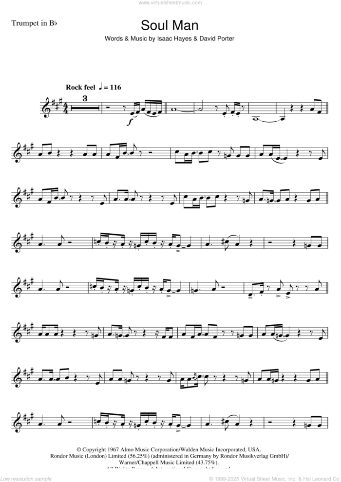 Soul Man sheet music for trumpet solo by Sam & Dave, David Porter and Isaac Hayes, intermediate skill level