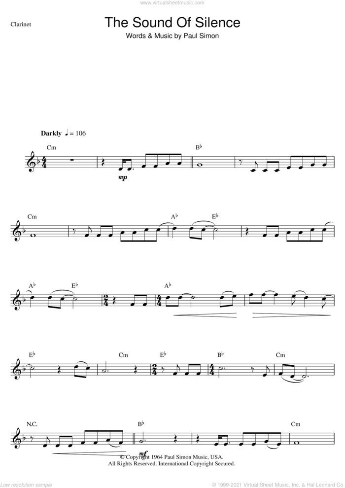 The Sound Of Silence sheet music for clarinet solo by Simon & Garfunkel and Paul Simon, intermediate skill level