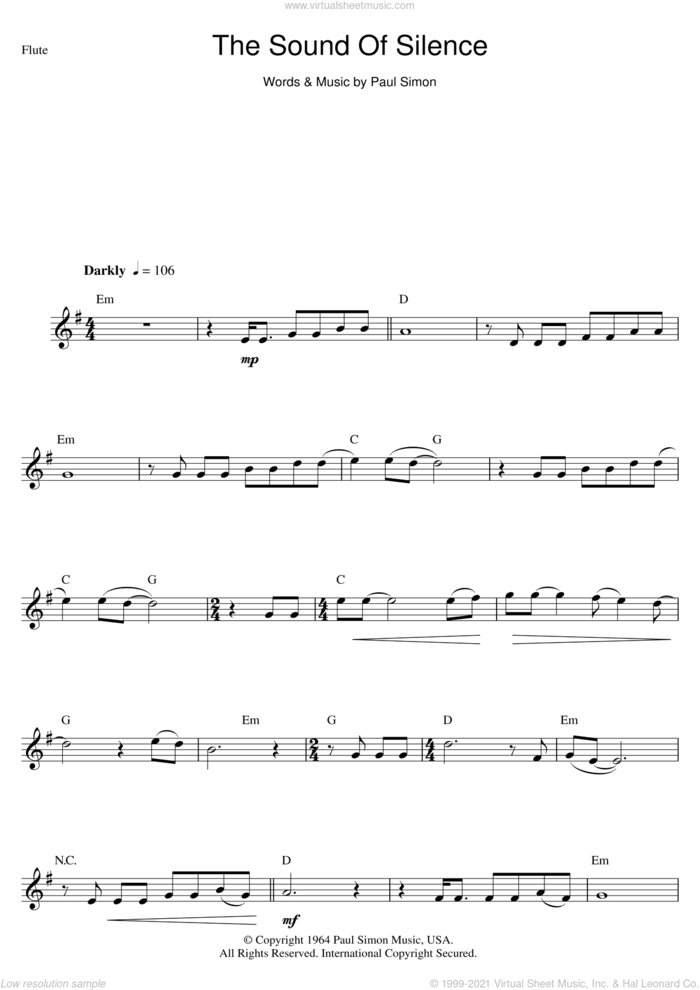 The Sound Of Silence sheet music for flute solo by Simon & Garfunkel and Paul Simon, intermediate skill level
